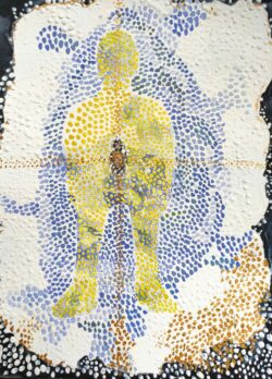 IMG_20230308_111115 (002) Tekening van mensfiguur met kind in het lichaam. Gestippeld, geen duidelijke grenzen, alles is soort van open, onafgeschermd.