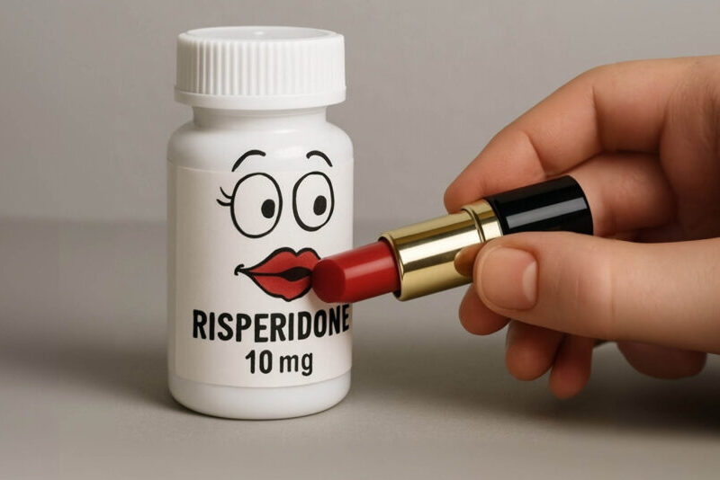 sized-shutterstock_2662697595_edited Een pillenpotje met Risperal met een gezichtje dat mooi opgeschilderd wordt als symbool voor een lelijk verhaal dat mooi verteld is.