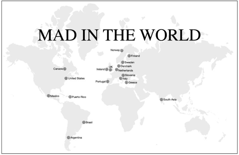 Wereldkaart met de landen die een afdeling van Mad in the World voeren in 2026.